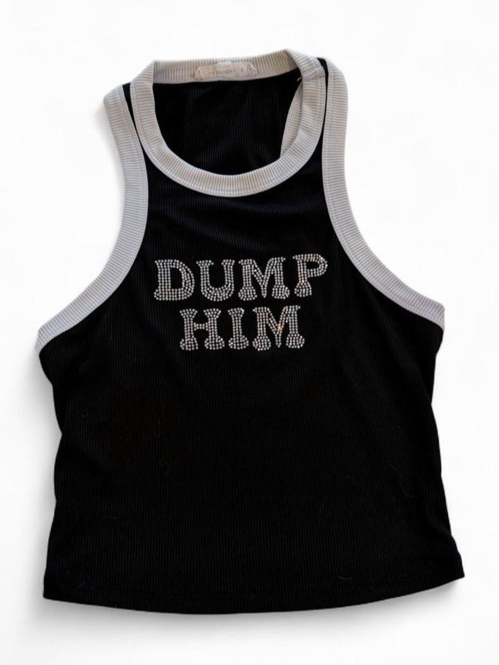 Black & White Rhinestone Ribbed Tank Top - "Dump Him"